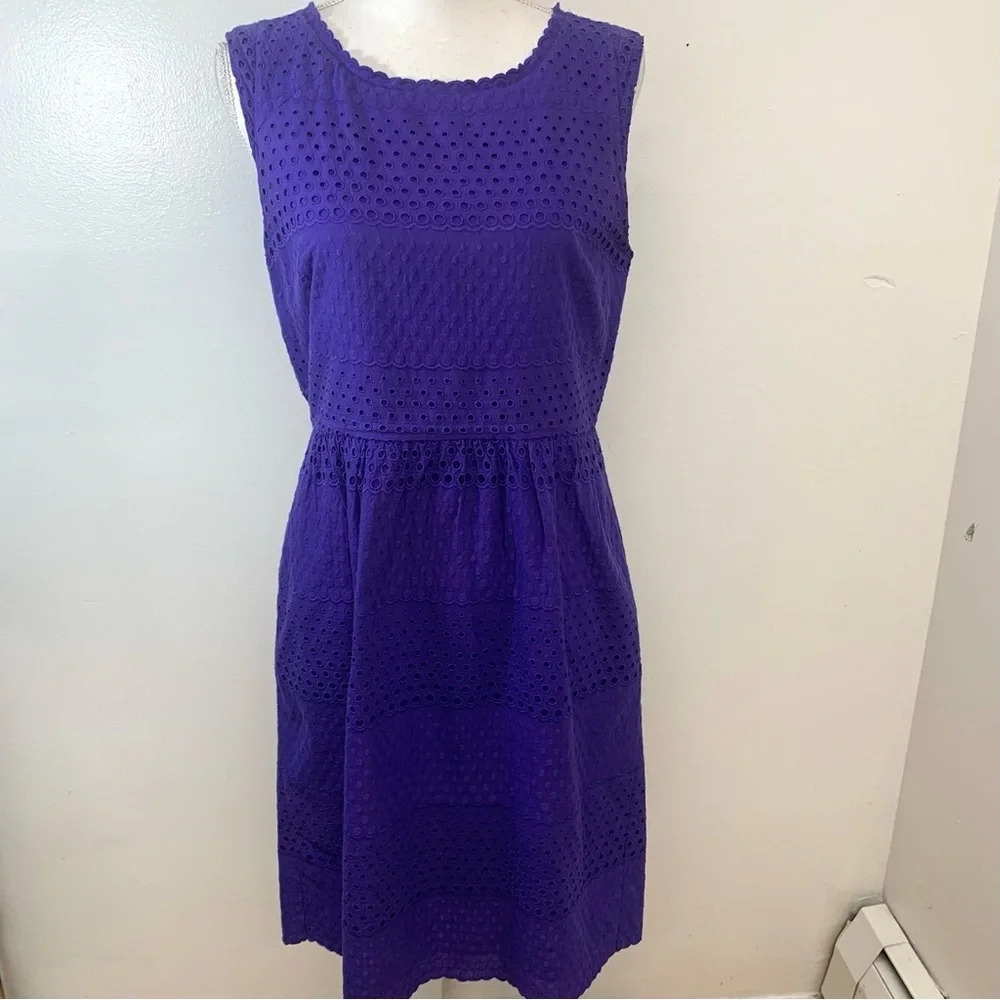 J Crew Dress Size 4‎ Purple Eyelet  Knee Length Sleeveless Sheath Pockets Cotton